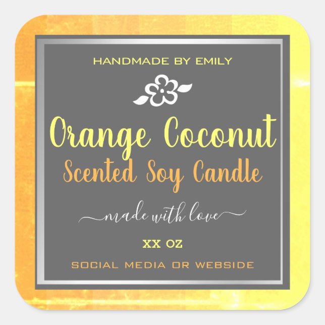 Moderne Soy Candles Packing Labels Orange Gray Quadratischer Aufkleber (Vorderseite)