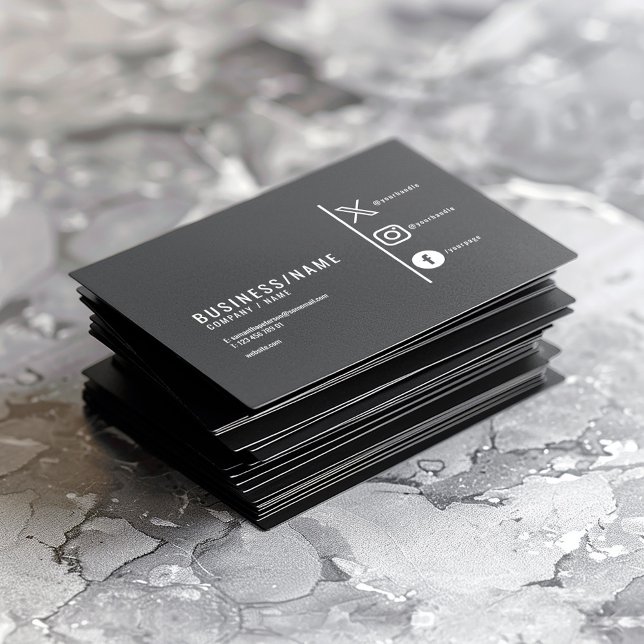 Moderne soziale Medien in Schwarzweiß Visitenkarte (Modern black business cards, a simple white logo that says "Business name" and social media icons)