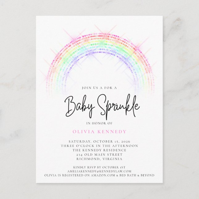 Moderne Sparkling Rainbow Baby Sprinkle Baby Showe Postkarte (Vorderseite)