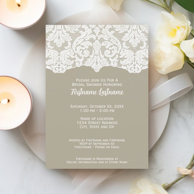Moderne Spitzen-Brautparty oder Engagement-Partei Einladung (Bridal Shower Invitation - taupe and white lace print)