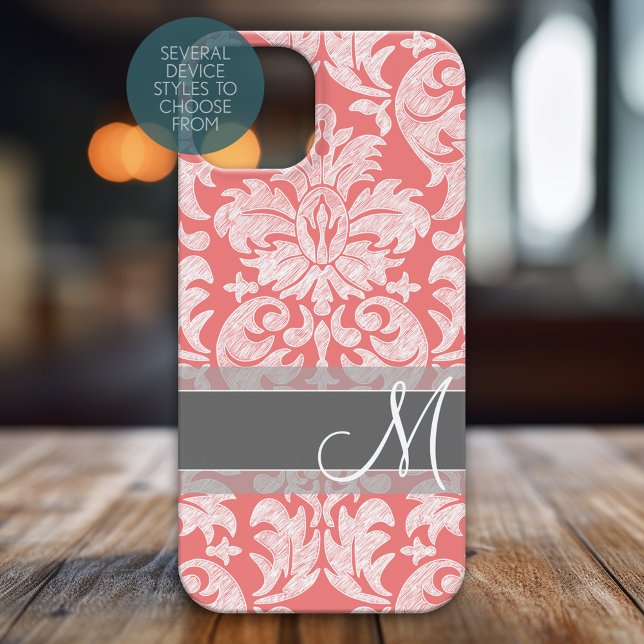 Moderne Spitzen Damask Muster Koralle und Grau Case-Mate iPhone Hülle (Personalized Phone Case)