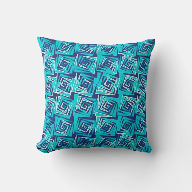 Moderne Square Spirals, Marine und Aqua Kissen (Vorderseite)