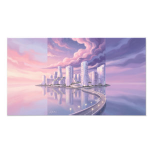 Moderne Stadtbrücke über dem Meer bei Dämmerung Fo Fotodruck