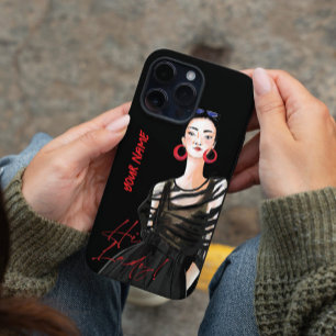 Moderne städtische Dame mit schwarzem rotem Grafik iPhone 16 Hülle