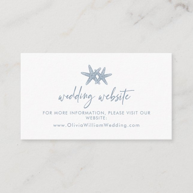 Moderne Starfish Beach Dusty Blue Wedding Website Begleitkarte (Vorderseite)