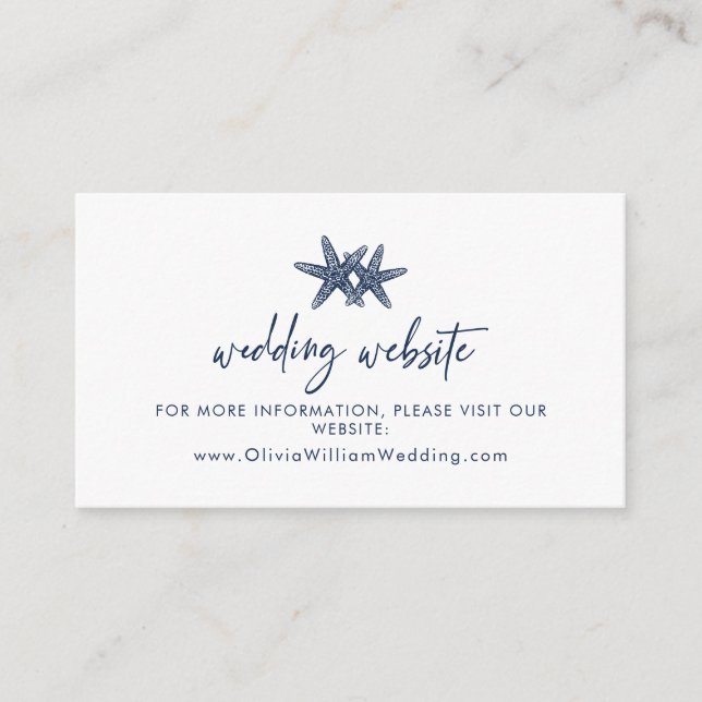 Moderne Starfish Beach Navy Blue Wedding Website Begleitkarte (Vorderseite)