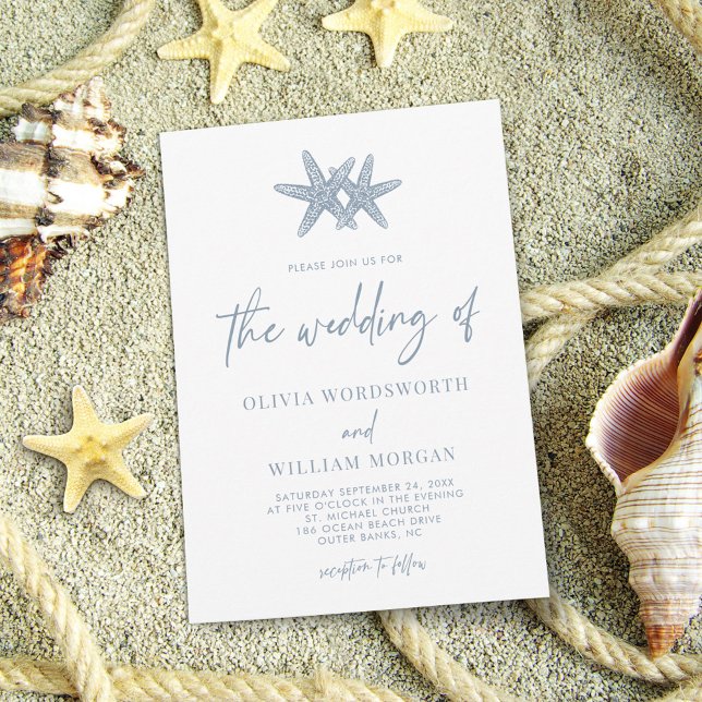 Moderne Starfish Beach Script Dusty Blue Wedding Einladung (Von Creator hochgeladen)