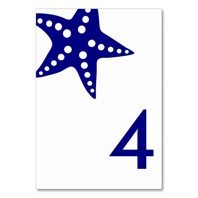 Moderne Starfish Wedding Tischnummer Card, Navy (Vorderseite)
