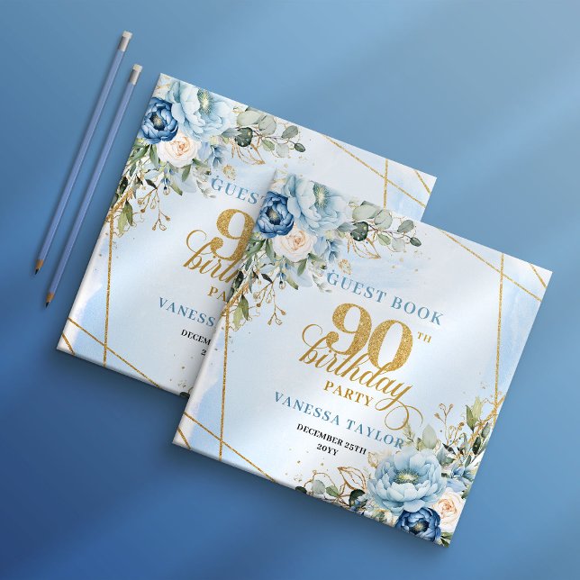 Moderne staubblaue Blumen Schrift 90. Geburtstag Gästebuch (Modern Dusty Blue Flowers Script 90th Birthday Guest Book

)
