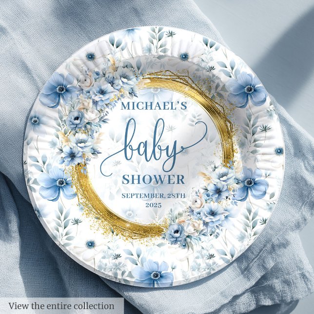 Moderne staubblaue bohfarbige Blume Gold Pappteller (Modern dusty blue boho watercolor flowers gold Paper Plates)