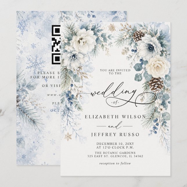 Moderne staubblaue florale Winter-QR-Code-Hochzeit Einladung (Vorne/Hinten)