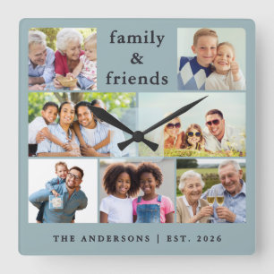 Moderne staubblaue Fotocollage Familie Freunde Quadratische Wanduhr