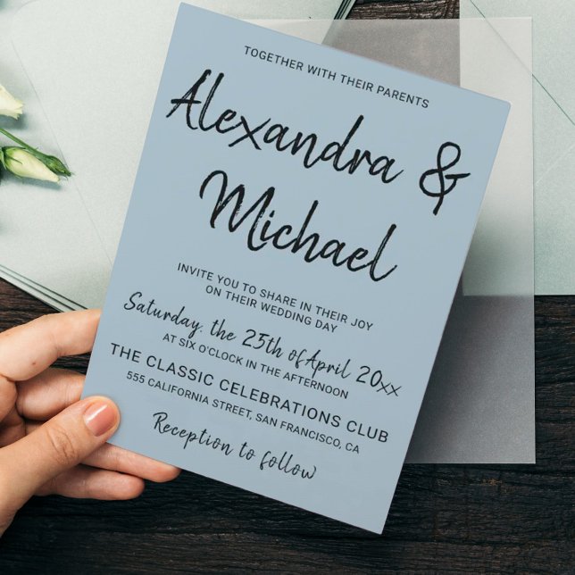 Moderne staubblaue Hochzeitseinladung (Von Creator hochgeladen)
