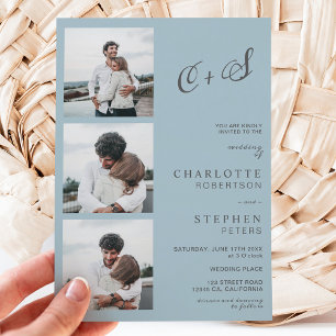 Moderne staubblaue lässige Initialen Foto Hochzeit Einladung