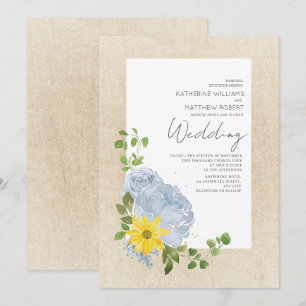 Moderne staubblaue Sonnenblumen-Blumen-Boho-Hochze Einladung