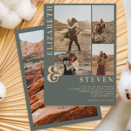 Moderne staubgrüne Ampere und 5 Foto Grid Hochzeit Einladung