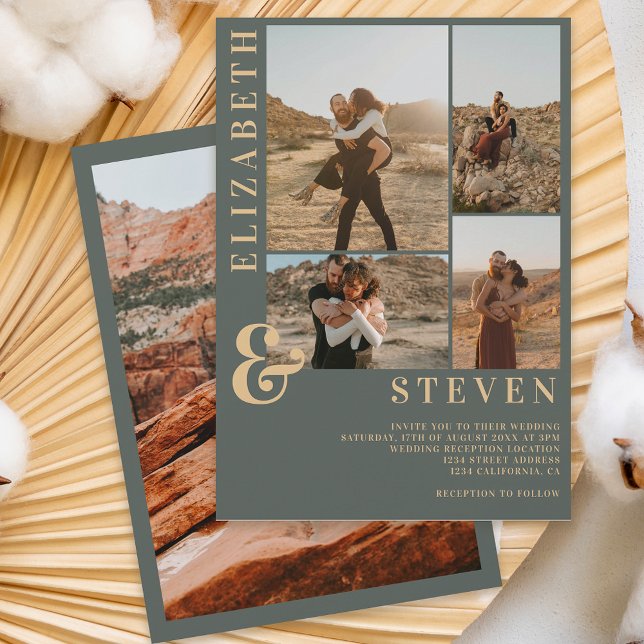 Moderne staubgrüne Ampere und 5 Foto Grid Hochzeit Einladung (Von Creator hochgeladen)