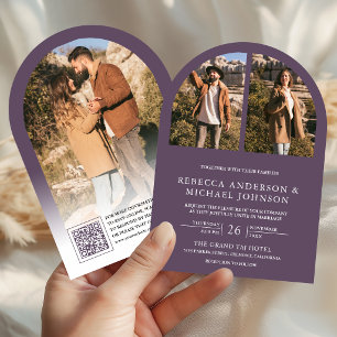 Moderne staubige lila Bögen Foto QR Code Hochzeit Einladung