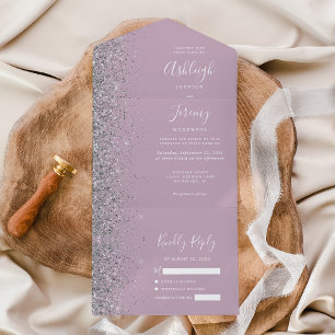Moderne staubige lila Flieder Silber Glitter Hochz All In One Einladung