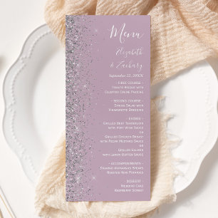 Moderne staubige lila Flieder Silber Glitter Hochz Menükarte