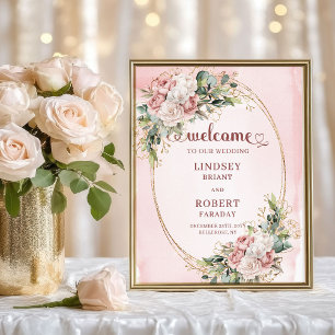 Moderne staubige rosa Blumen Gold Glitter Willkomm Poster