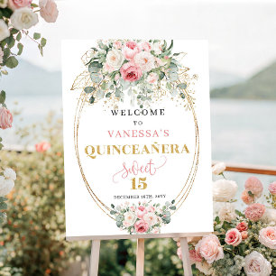 Moderne staubige rosa florale goldene Quinceañera- Poster
