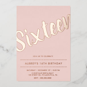 Moderne staubige rosa Rosen Gold Sweet Sixteen Folieneinladung
