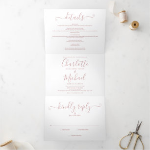 Moderne staubige Rose-Script-Minimalist-Foto-Hochz Dreifach Gefaltete Einladung