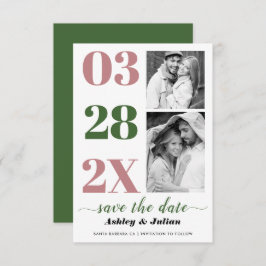 Moderne staubige Rose und grüne Typografie zwei Fo Save The Date