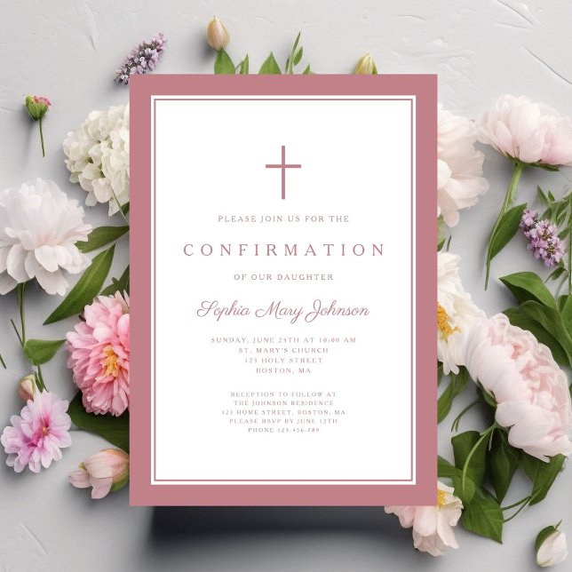Moderne Staubrosa Kreuz Mädchen Konfirmation Einladung (Modern Dusty Pink Cross Girl Confirmation Invitation)