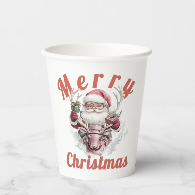 Moderne Steampunk-Weihnachtsmann und Robot-Rentier Pappbecher (Vorderseite)
