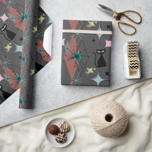 Moderne Sterne und Katzen Muster Grau Geschenkpapier (Kunsthandwerk)