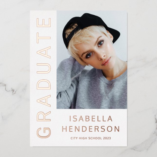 Moderne, stilvolle 2 Foto Abschluss Rose Gold Folieneinladung (Vorderseite)