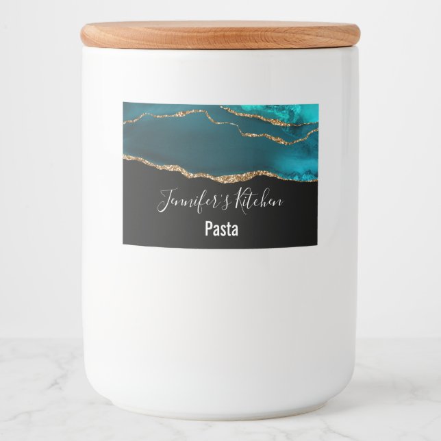 Moderne, stilvolle Aquamarine Agate & Gold Ribbon  Lebensmitteletikett (Vorderseite)