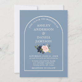 Moderne, stilvolle Arch Dusty Blue Pink Floral Wed Einladung