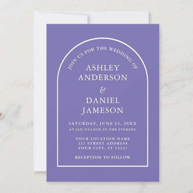 Moderne, stilvolle Arch Periwinkle Wedding Einladung (Vorderseite)