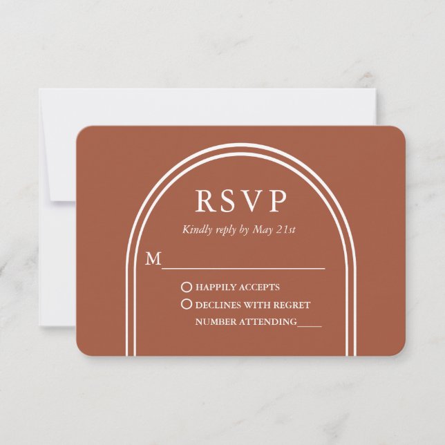 Moderne, stilvolle Arch Wedding Terracotta RSVP Karte (Vorderseite)