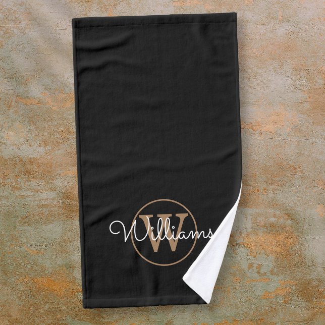 Moderne, stilvolle Black Gold Monogram Script Name Handtuch (Modern Stylish Black Gold Monogram Script Name Hand Towel)