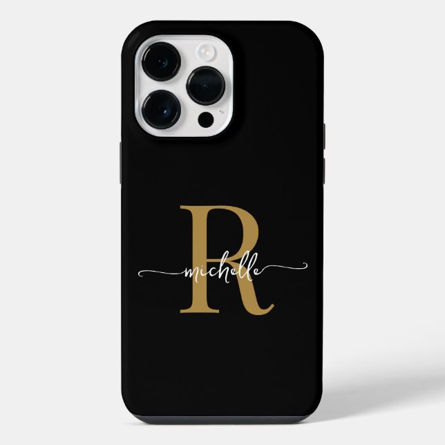 Moderne, stilvolle Black Gold Script Monogram Init iPhone Hülle (Rückseite)