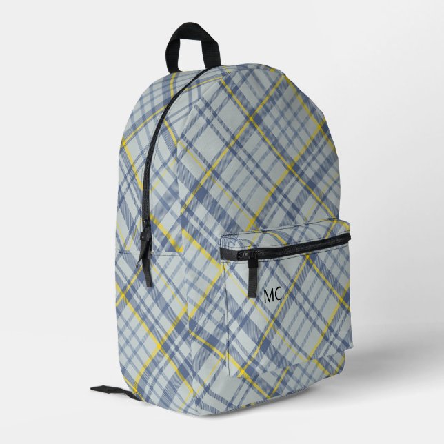 Moderne, stilvolle Blue Karo Kariert Monogram Init Bedruckter Rucksack (Rückseitige Ecke links)
