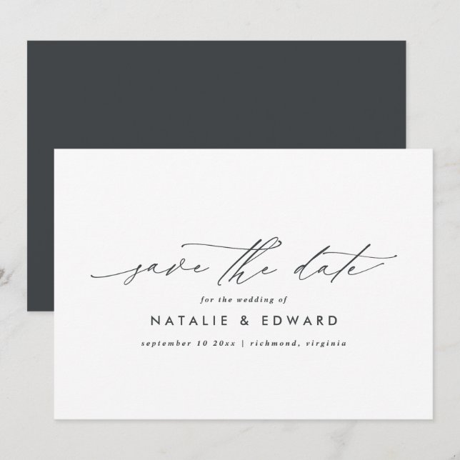 Moderne stilvolle Drehbuch elegante Typografie Hoc Save The Date (Vorne/Hinten)