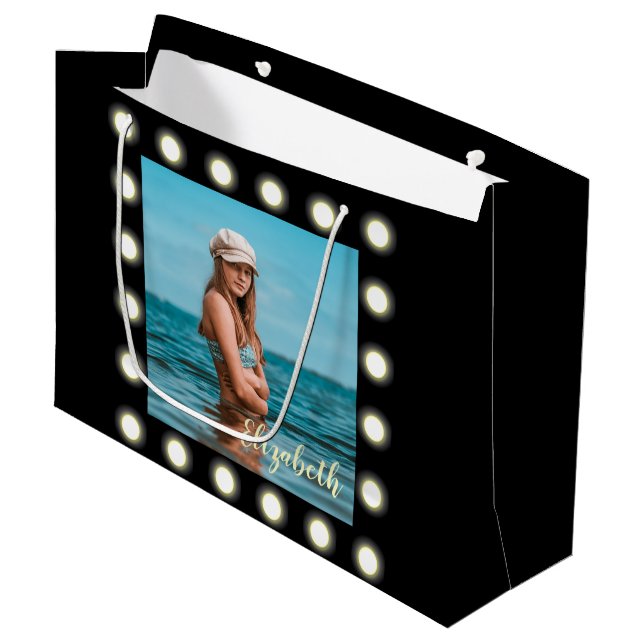 Moderne, stilvolle, einzigartige Schwarz-Quadrat-F Große Geschenktüte (Vorderseite Schrägansicht)