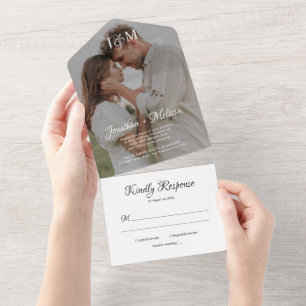 Moderne stilvolle Foto-Monogramm-Schrift-Hochzeit All In One Einladung