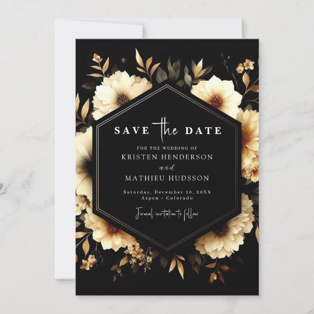Moderne, stilvolle Gold- und Black Wedding Save The Date (Vorderseite)
