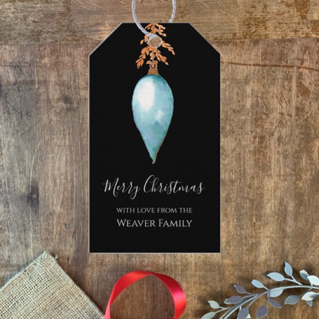 Moderne, stilvolle Handgemalte Weihnachtszeit mit  Geschenkanhänger (Personalize this original watercolor Merry Christmas gift tag, modern elegant stylish blue bauble.)