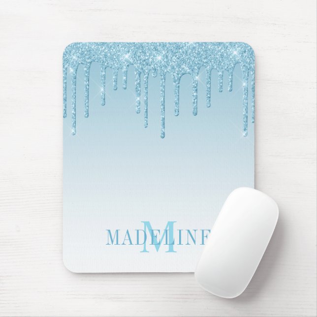 Moderne stilvolle hellblaue Monogramm-Glitzer Mousepad (Mit Mouse)