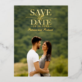 Moderne, stilvolle Hochzeit spart das Date-Foto Folien Feiertagspostkarte