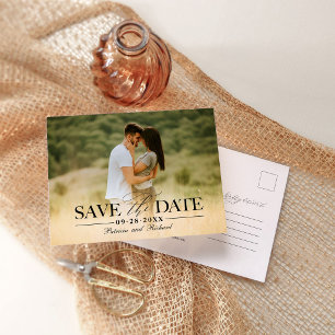 Moderne, stilvolle Hochzeit spart das Date-Foto Postkarte