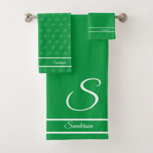 Moderne, stilvolle Kelly Green und White Monogram Badhandtuch Set