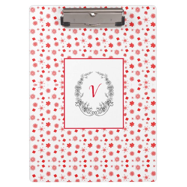 Moderne, stilvolle Monogram Girly Patterns Red Klemmbrett (Vorderseite)